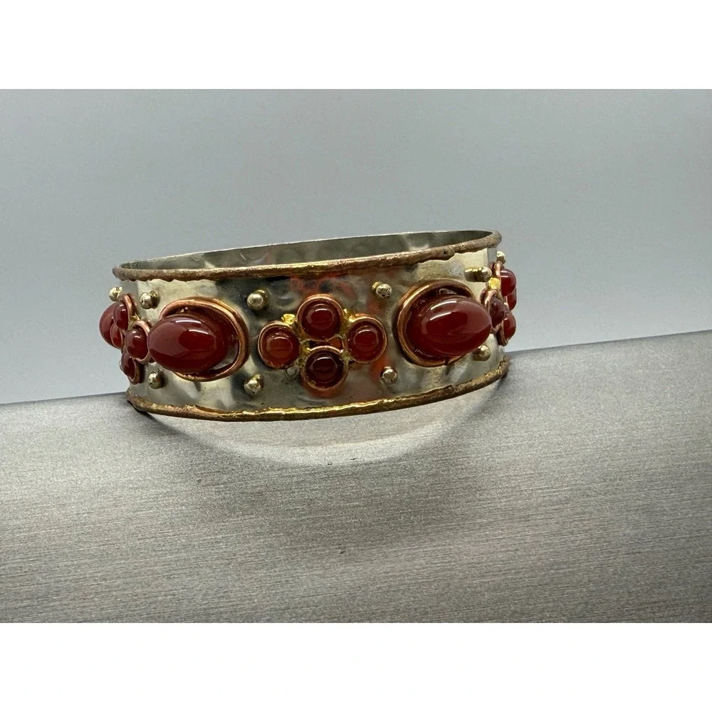 Vintage Boho red Cabochon Studded Bangle Bracelet Hammered Silver Tone Statement